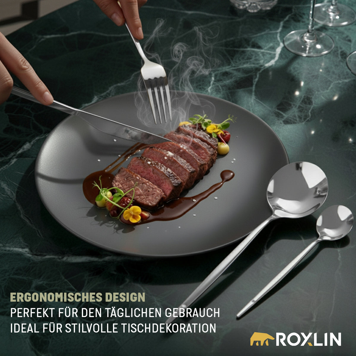 Roxlin Besteckset 30-tlg. Standard Design – Gold, Schwarz, Rosa, Silber