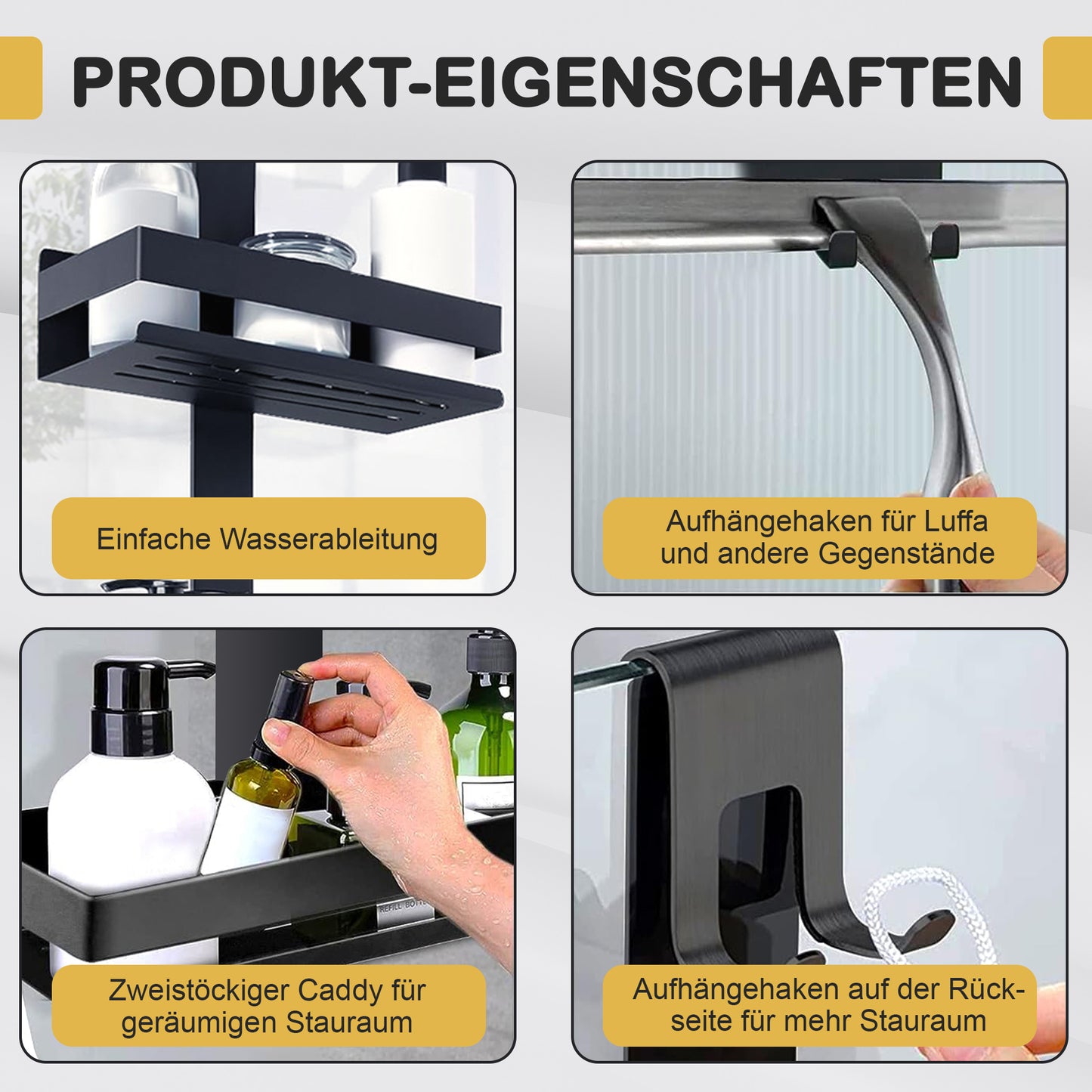 Roxlin Duschablage 2 Körbe – Edelstahl Schwarz zum Hängen im Bad