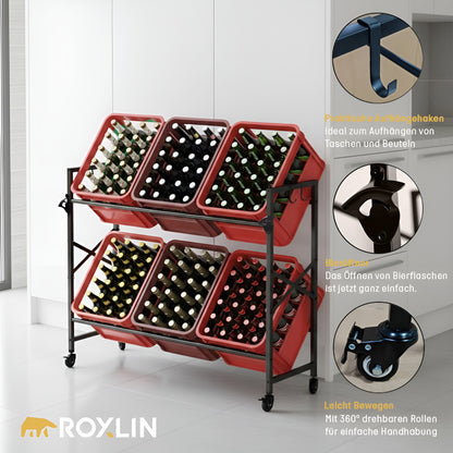Roxlin Getränkekistenregal für 6 Kisten – Metallregal mit Rollen & Haken