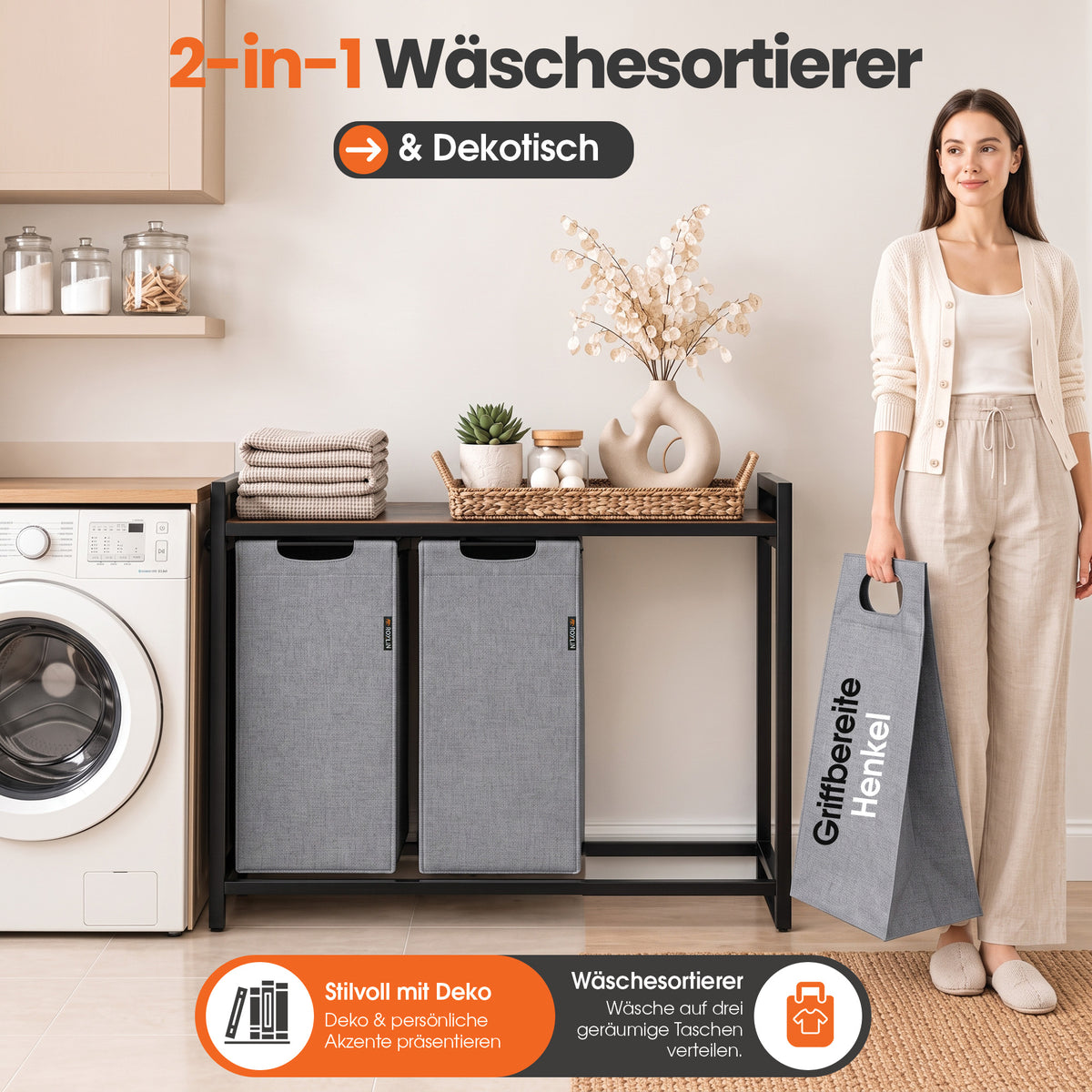 Roxlin 3-Fach Wäschekorb mit Deckel – Wäschesortierer mit Ablage & Taschen