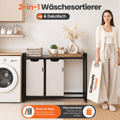 Roxlin Wäschekorb 3 Fächer – Wäschesortierer mit herausnehmbaren Wäschesäcken & stabilem Metallrahmen – Creme