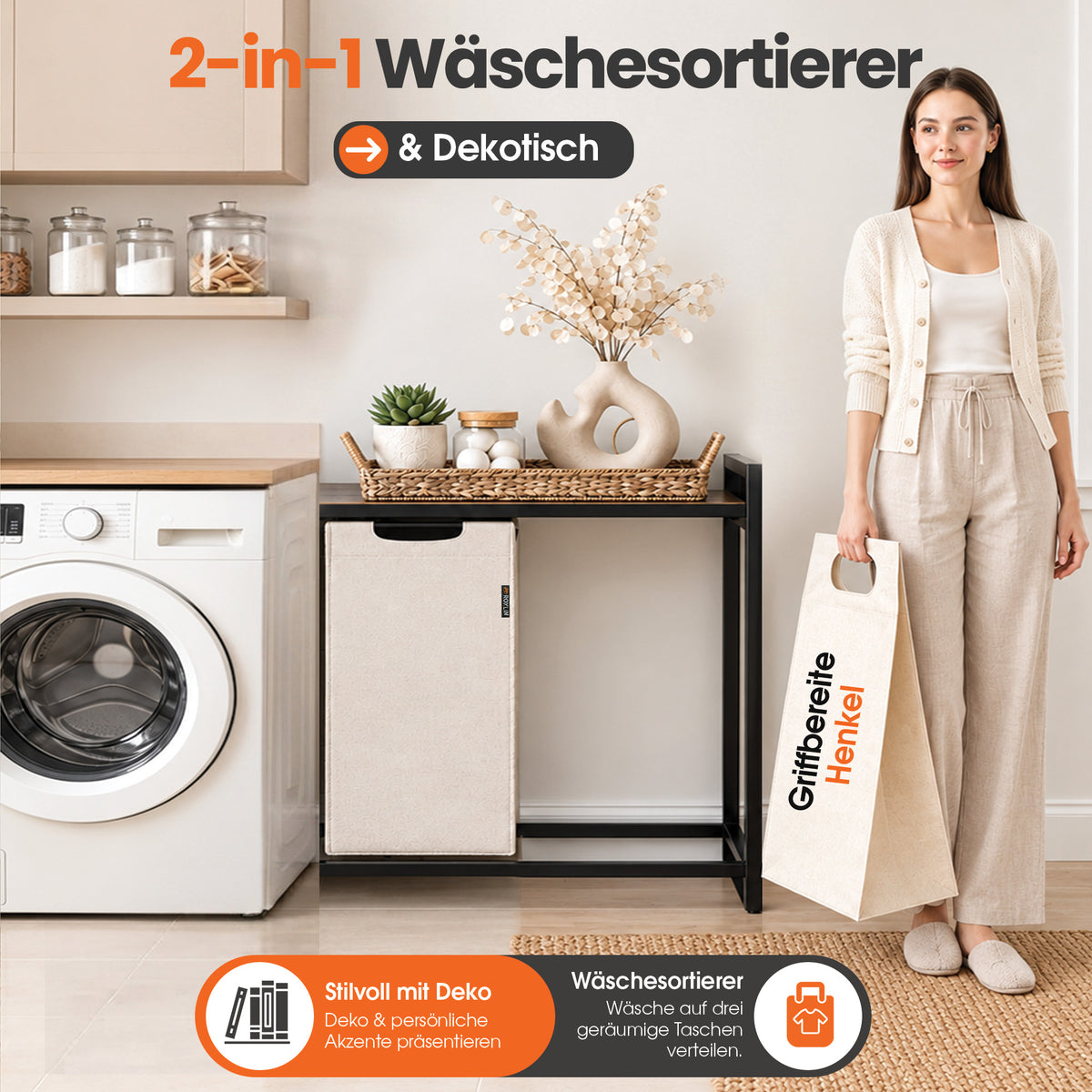 Roxlin Wäschekorb mit 2 Fächern – Herausnehmbare Wäschesäcke – Metallrahmen – Creme