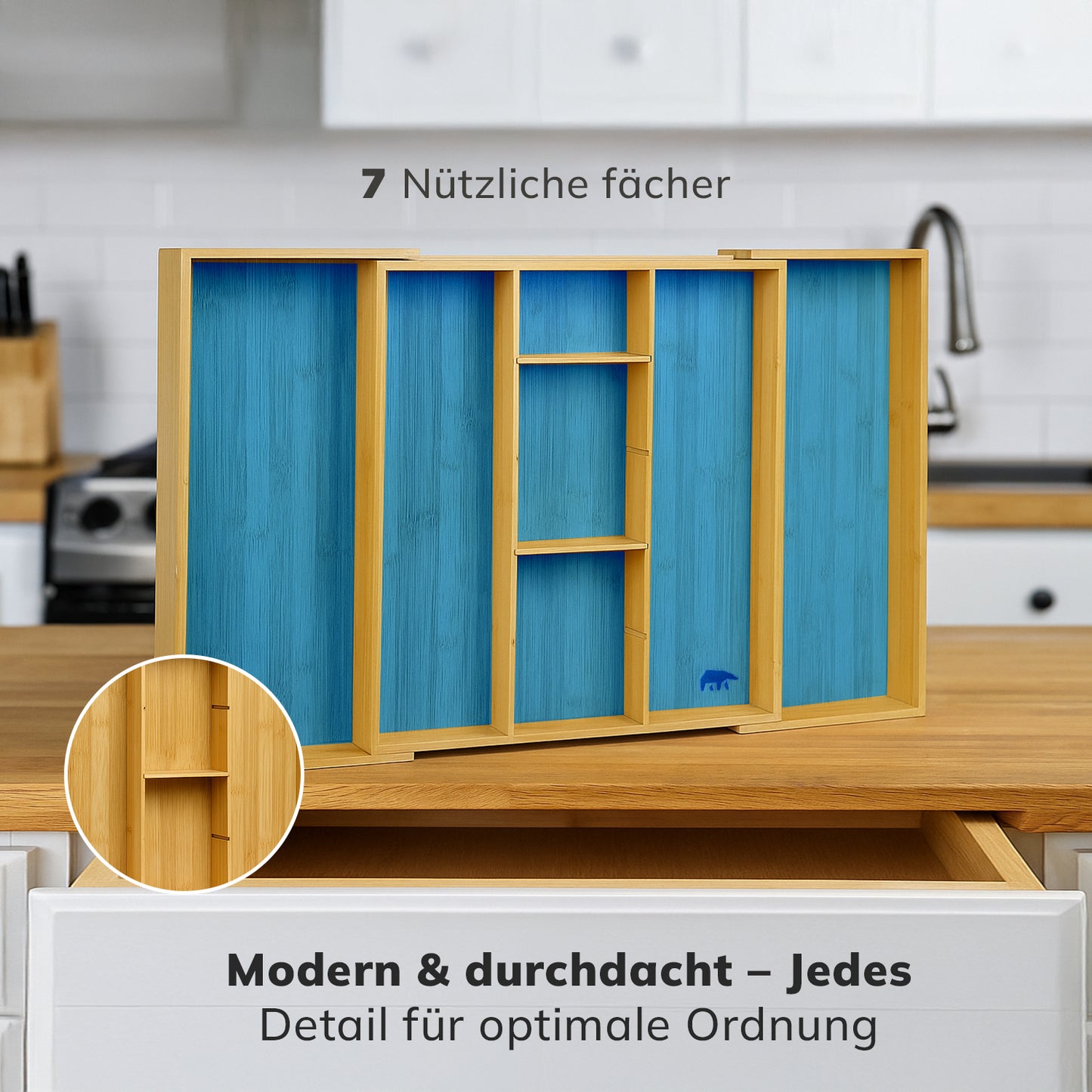 Größenverstellbarer Bambus Besteckkasten – Ausziehbarer Schubladen Organizer