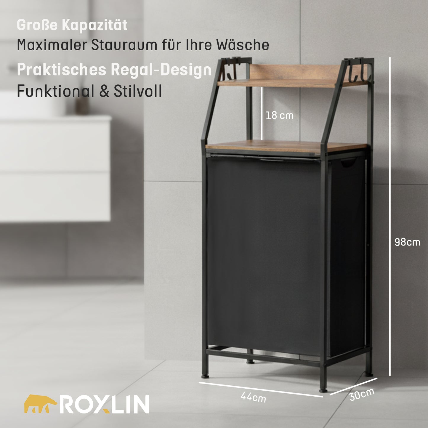 Roxlin Wäschekorb mit Regal & Handtuchhalter – Metall, 98 cm