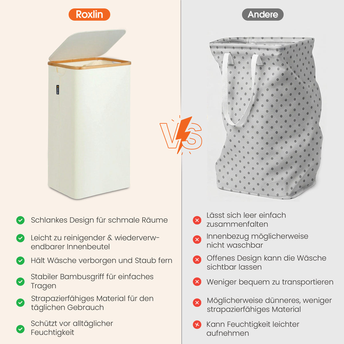 Roxlin Wäschekorb 100L mit Deckel – Faltbar & Tasche – Bambusrahmen stabil
