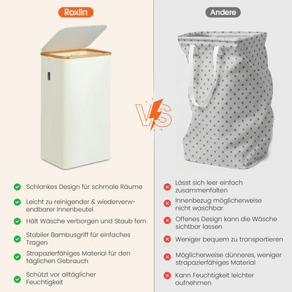 Roxlin Wäschekorb 100L mit Deckel – Faltbar & Tasche – Bambusrahmen stabil
