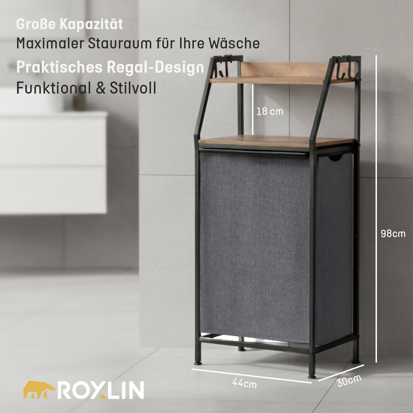 Roxlin Wäschekorb mit Regal & Handtuchhalter – Metall, 98 cm
