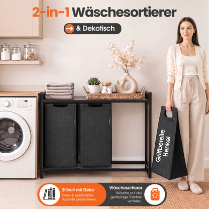 Roxlin 3-Fach Wäschekorb mit Deckel – Wäschesortierer Bambus & Metallrahmen