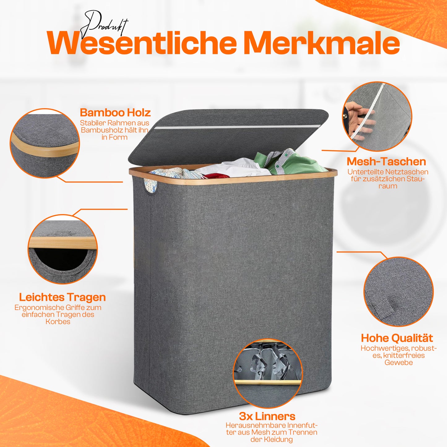 Roxlin Wäschekorb 3 Fächer – Wäschesammler mit Deckel, faltbar & stabil