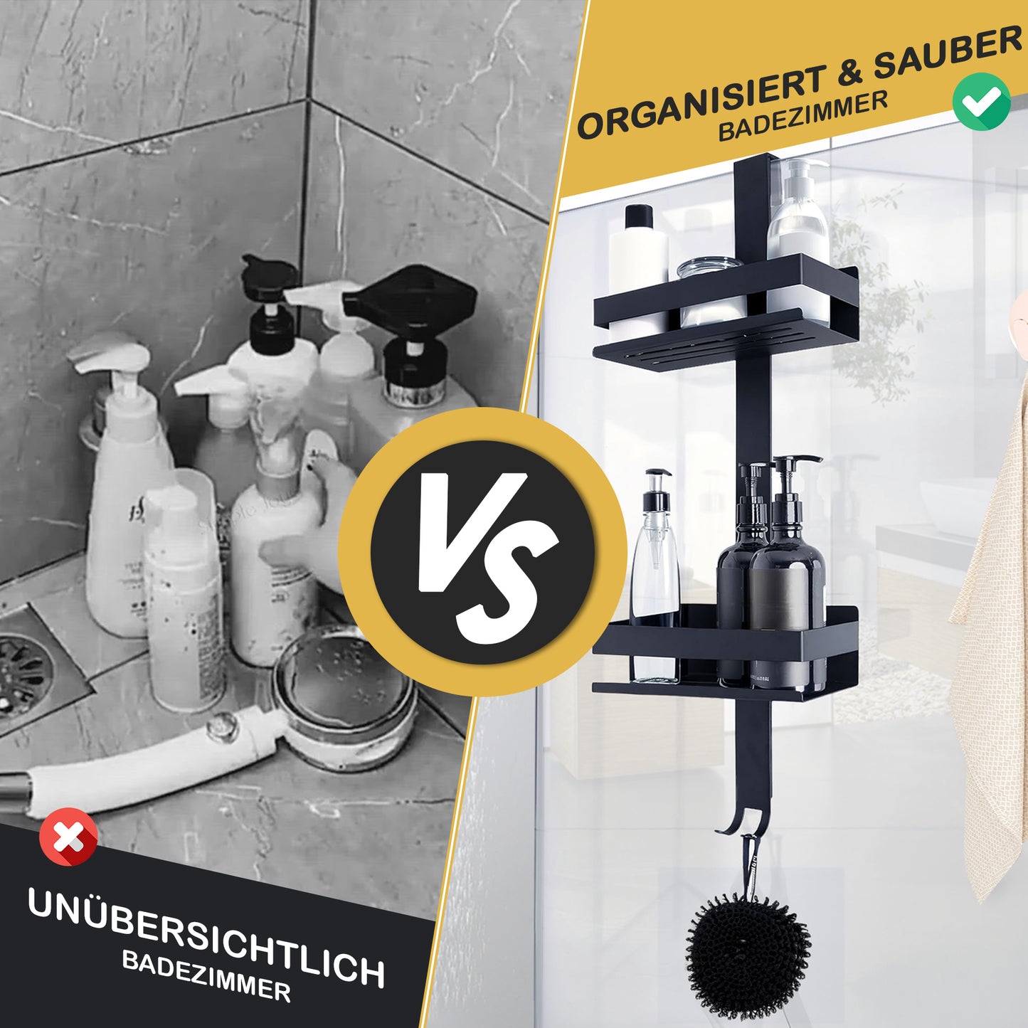 Roxlin Duschablage 2 Körbe – Edelstahl Schwarz zum Hängen im Bad