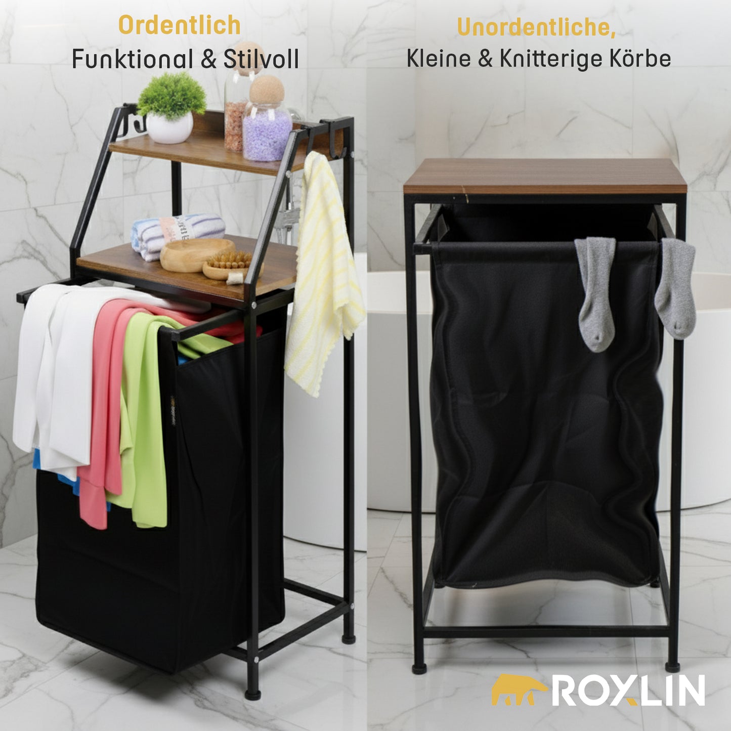 Roxlin Wäschekorb mit Regal & Handtuchhalter – Metall, 98 cm