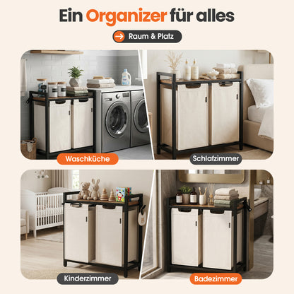 Roxlin Wäschekorb mit 2 Fächern – Herausnehmbare Wäschesäcke – Metallrahmen – Creme