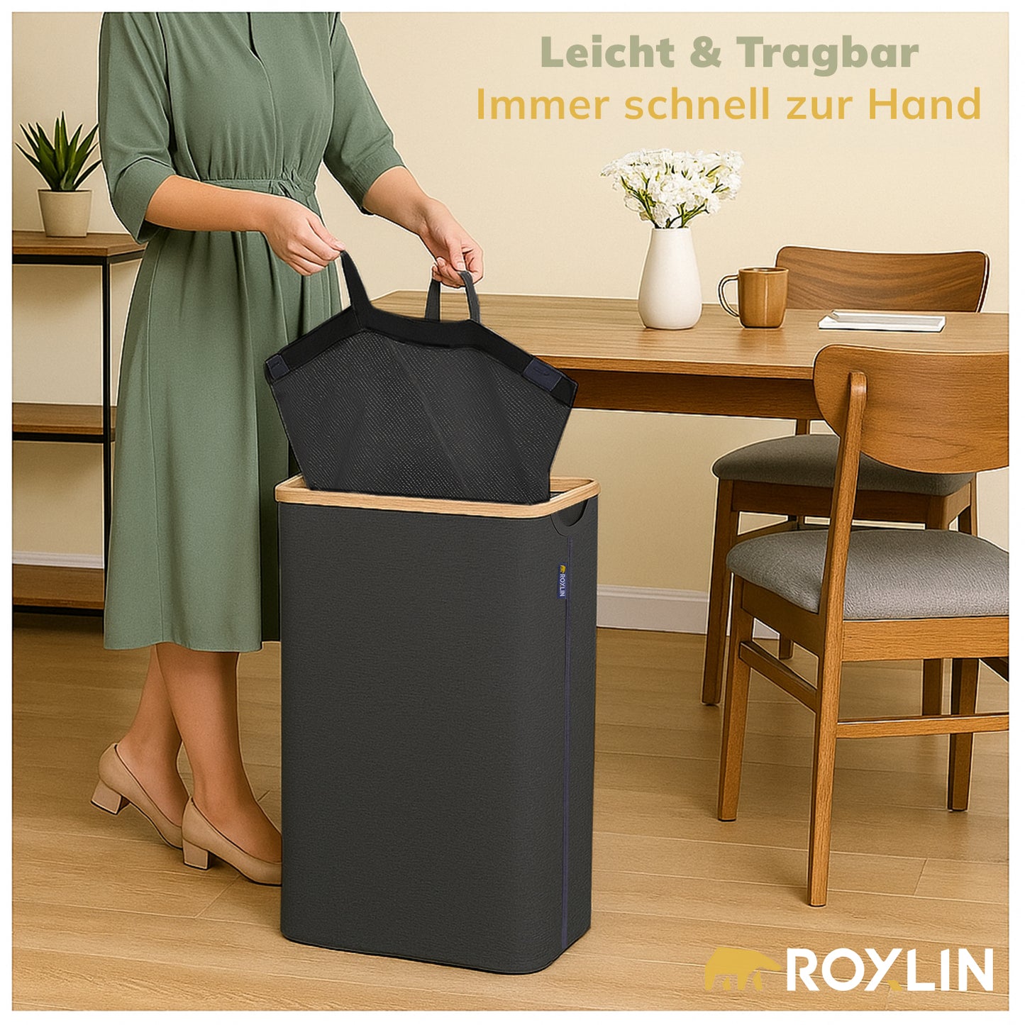 Roxlin Wäschekorb 100L mit Deckel – Faltbar & Tasche – Bambusrahmen stabil