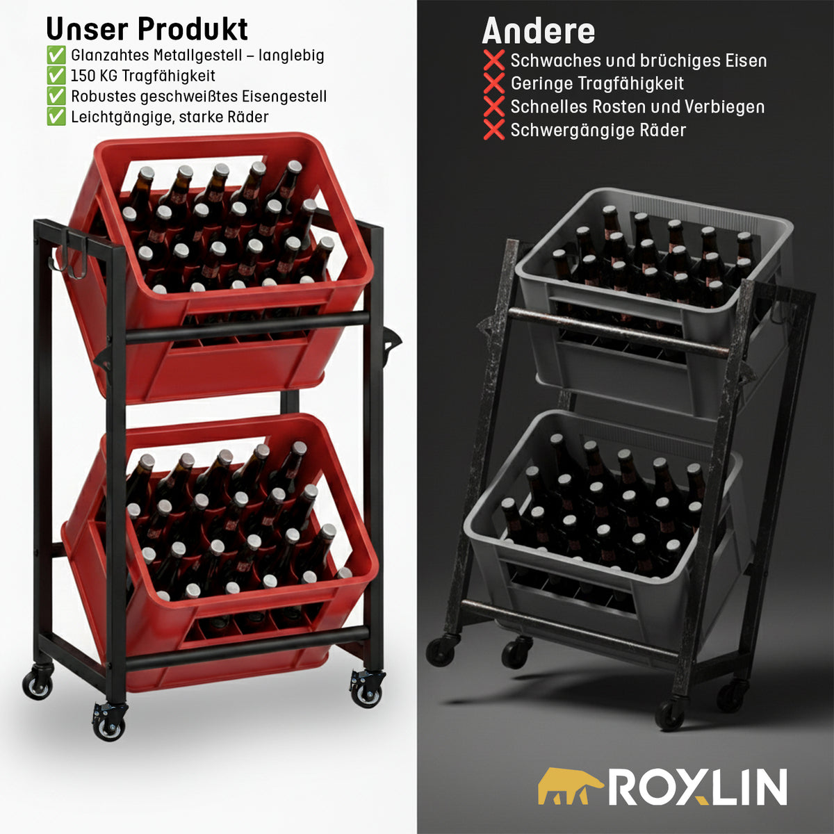 Roxlin Getränkekistenregal für 2 Kisten – Metallregal mit Rollen & Haken