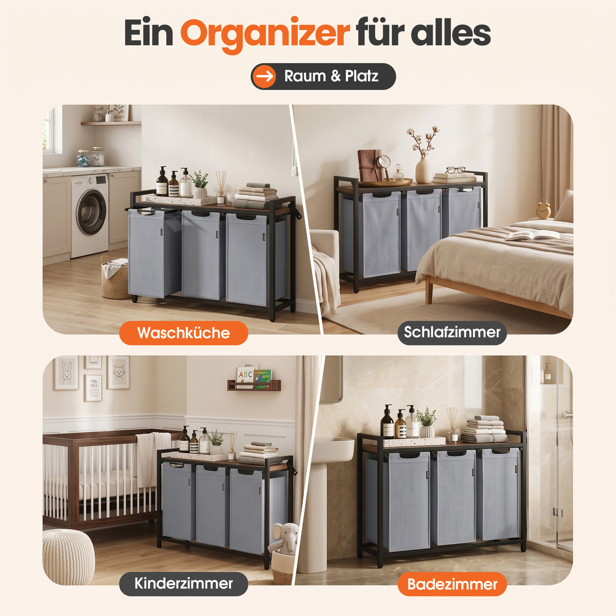 Roxlin 3-Fach Wäschekorb mit Deckel – Wäschesortierer mit Ablage & Taschen