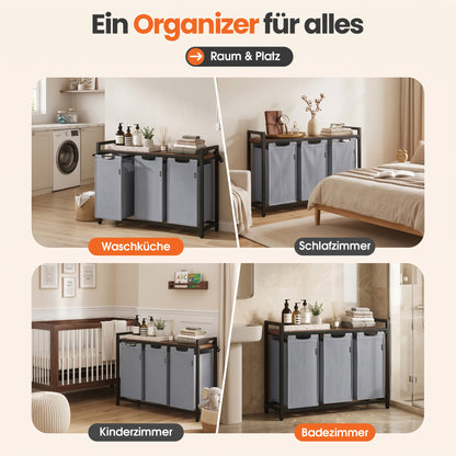 Roxlin 3-Fach Wäschekorb mit Deckel – Wäschesortierer mit Ablage & Taschen