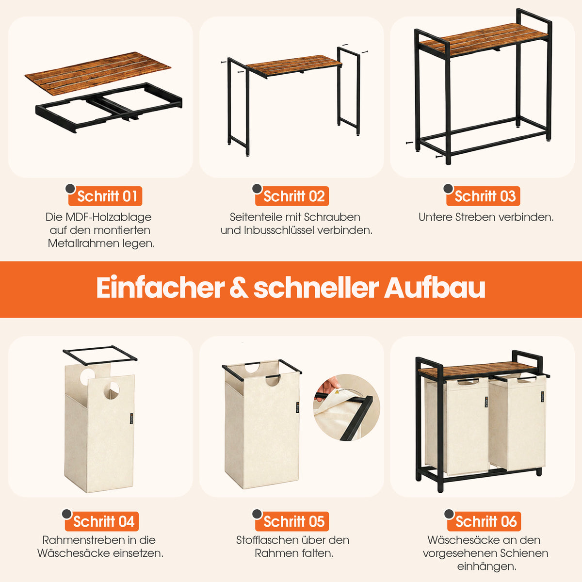 Roxlin Wäschekorb mit 2 Fächern – Herausnehmbare Wäschesäcke – Metallrahmen – Creme
