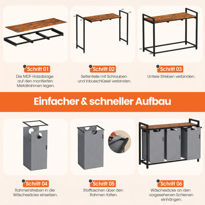 Roxlin 3-Fach Wäschekorb mit Deckel – Wäschesortierer mit Ablage & Taschen