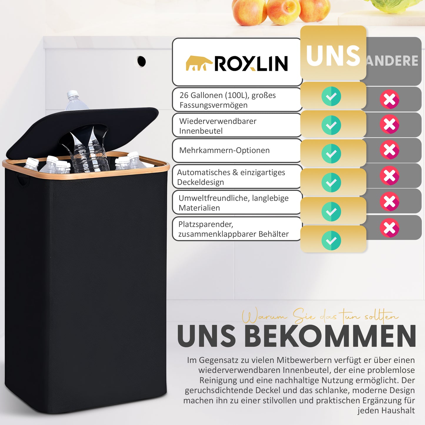 Roxlin Aufbewahrungskorb 100L – Pfandflaschen Sammelbehälter mit Deckel