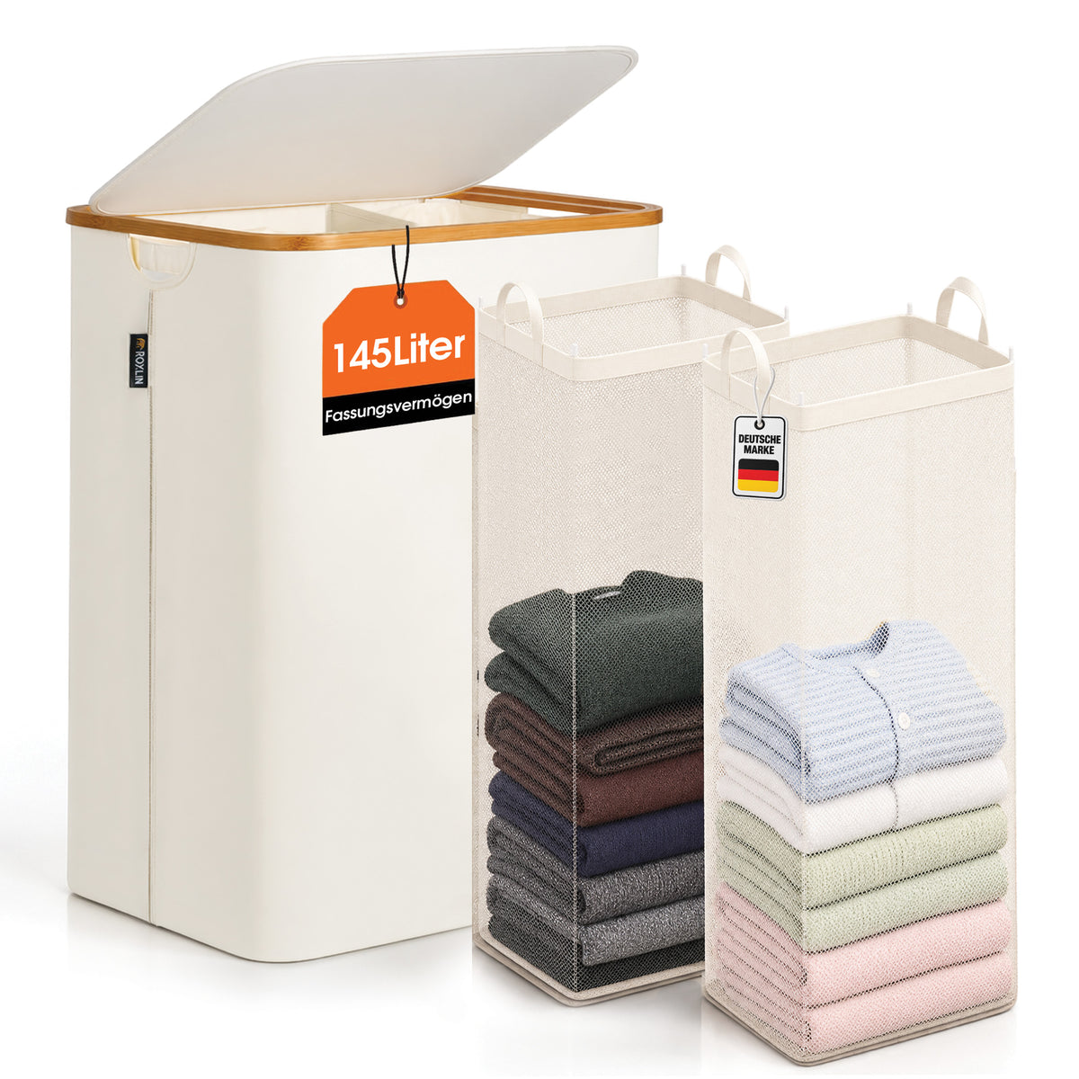 Wäschekorb XXL 150L Bambus, 2 Fächer