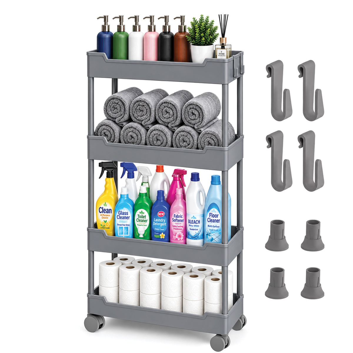 Roxlin 4-Etagen Aufbewahrungsregal mit 4 Haken – Standfüße/Rollen