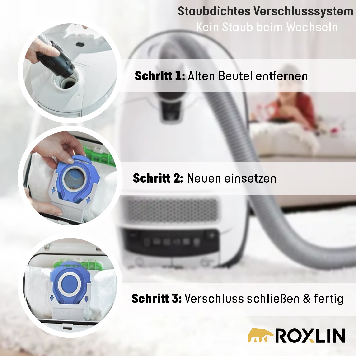 Anleitung zum Wechseln der Roxlin Staubsaugerbeutel im Miele Staubsauger