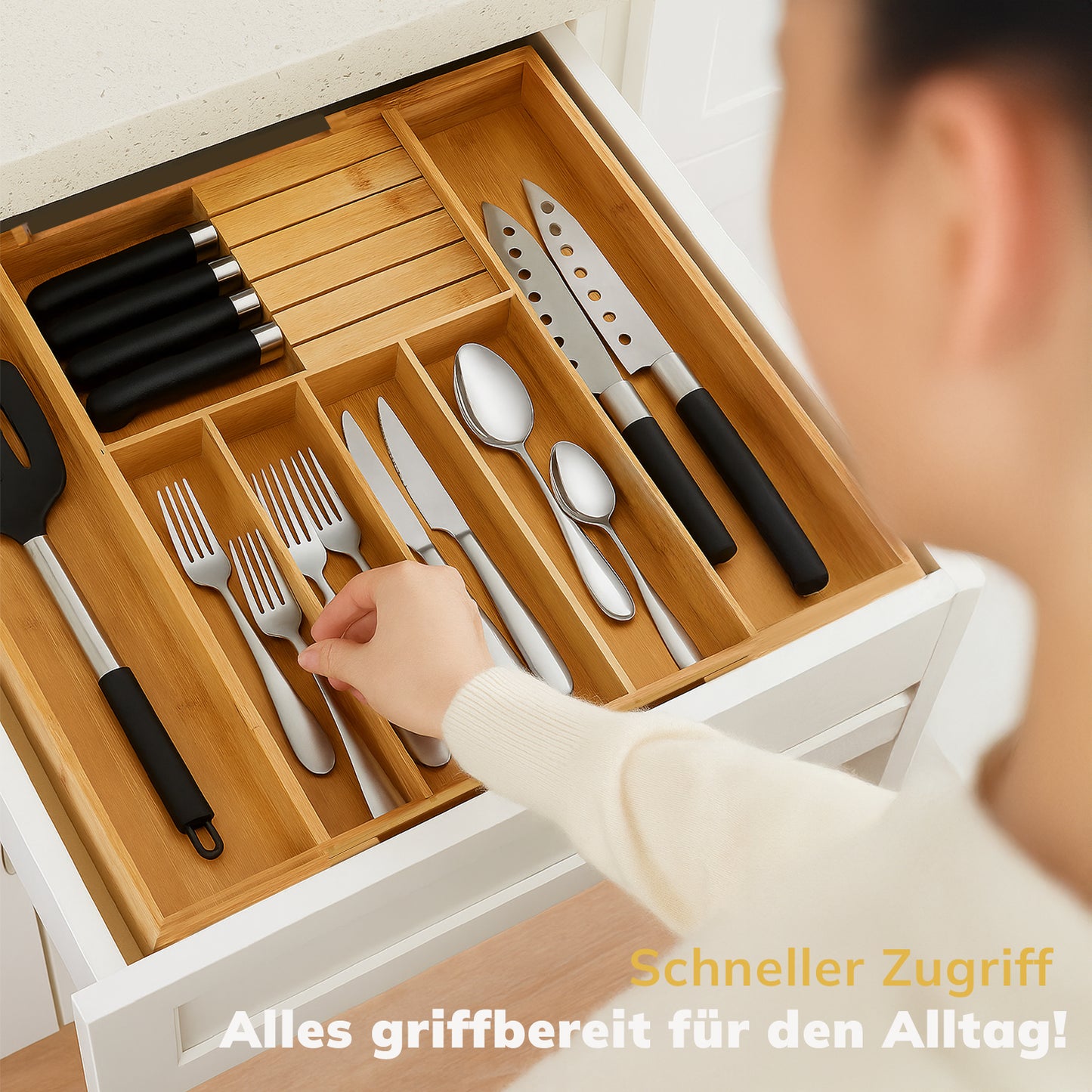 Ausziehbarer Bambus Besteckkasten mit Messerhalter in der Schublade – alles geordnet