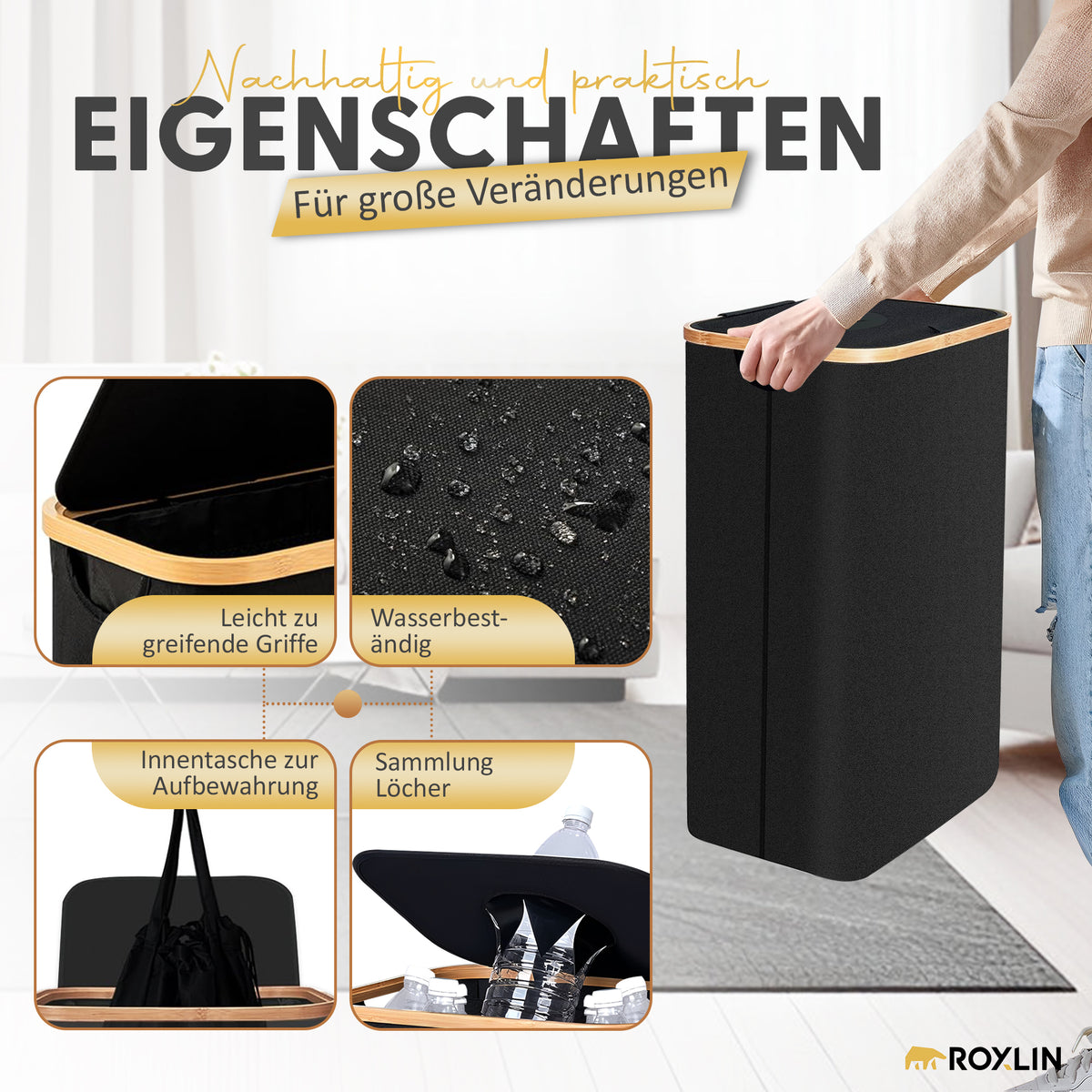 Eigenschaften des Roxlin Aufbewahrungskorbs 100L mit Bambusrahmen und Deckel