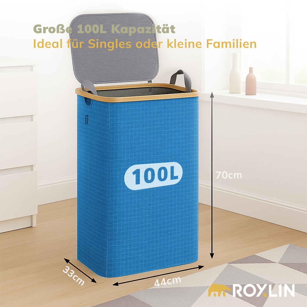 Faltbarer Roxlin Wäschekorb 100L in Blau mit Wäsche befüllt
