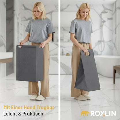 Frau nutzt den Roxlin Wäschekorb mit Regal – leicht und praktisch im Bad