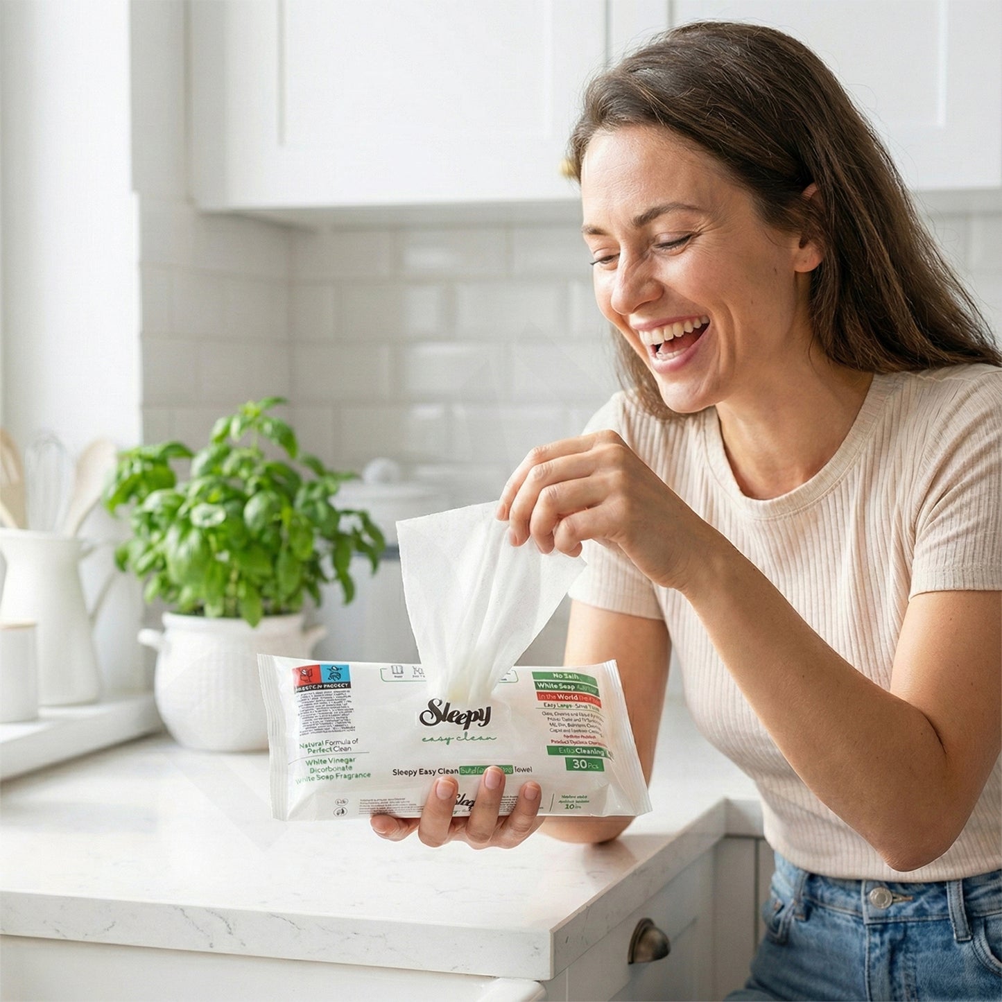 Frau nutzt Sleepy Easy Clean Reinigungstücher in der Küche