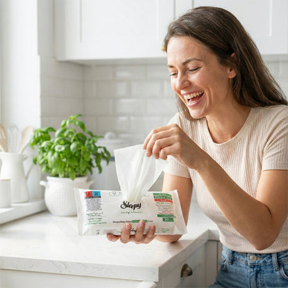 Frau nutzt Sleepy Easy Clean Reinigungstücher in der Küche