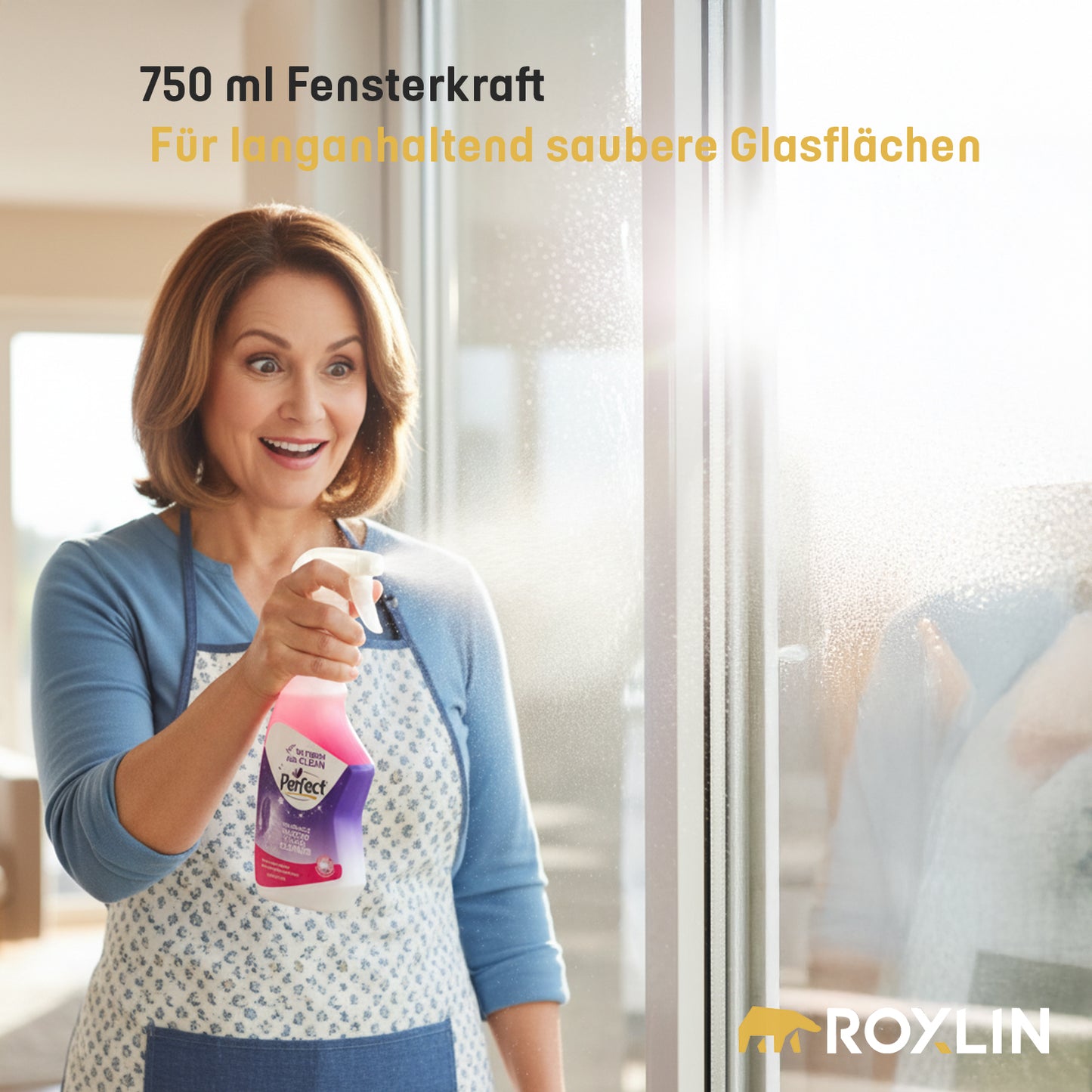 Frau reinigt ein Fenster mit dem Perfect Fenster- und Glasreiniger