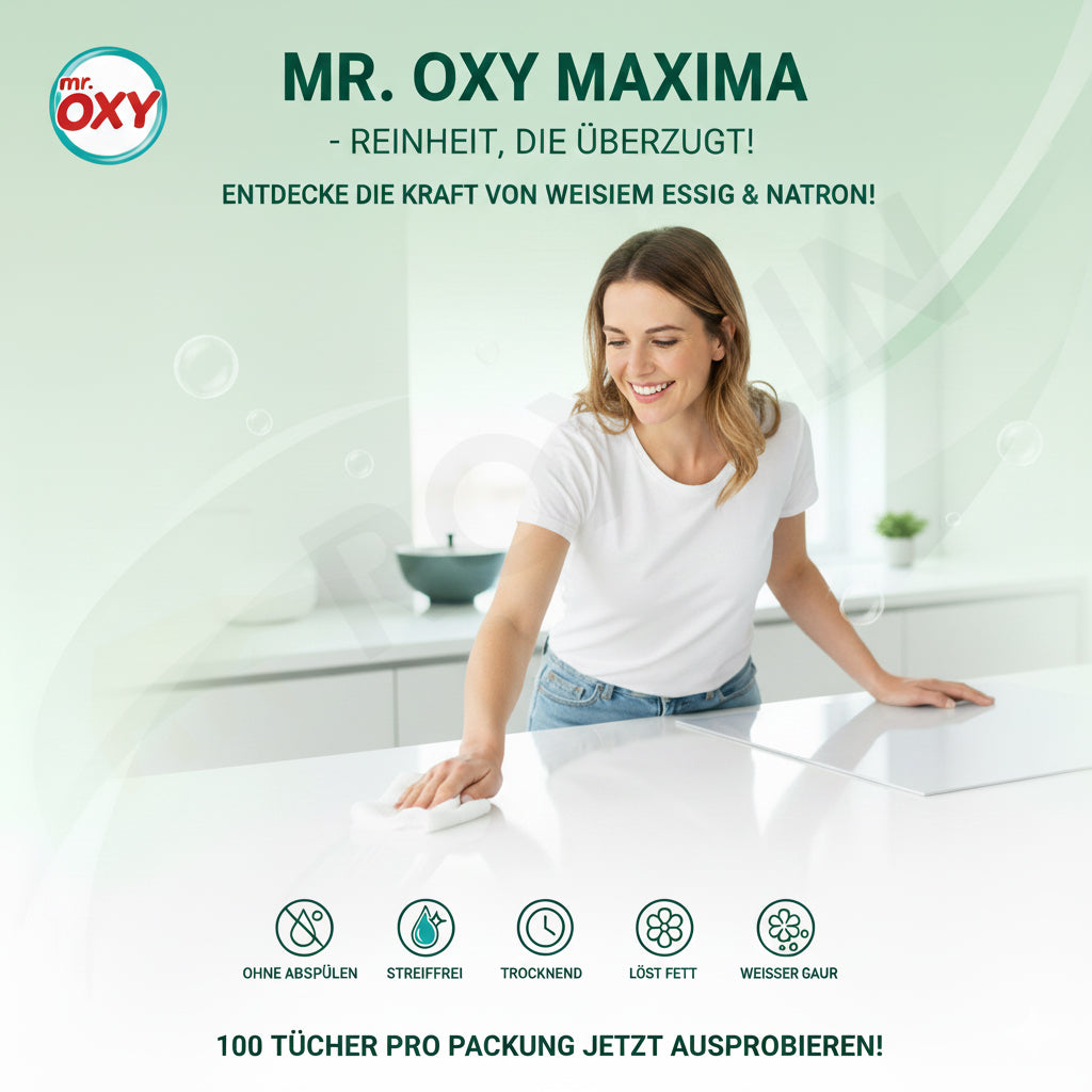 Frau reinigt mit Mr. OXY Maxima Reinigungstüchern – Reinheit, die überzeugt