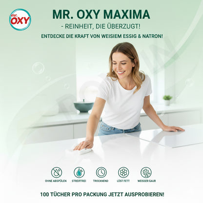 Frau reinigt mit Mr. OXY Maxima Reinigungstüchern – Reinheit, die überzeugt
