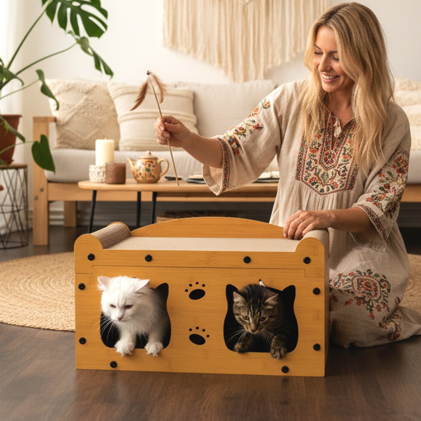 Frau sitzt mit Katze neben dem Roxlin Katzen-Kratzmöbel TV-Modell aus Karton im Wohnzimmer