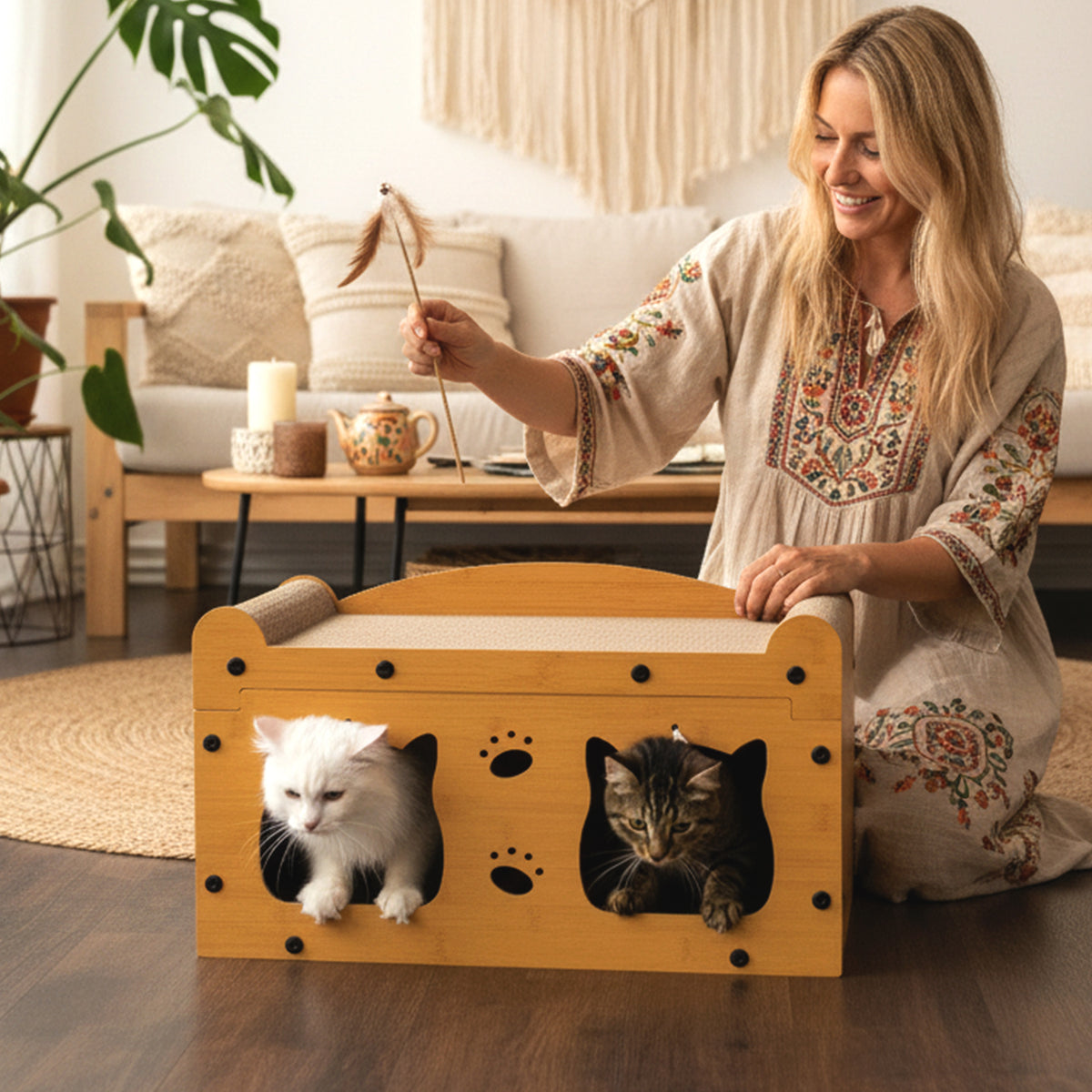 Frau sitzt mit Katze neben dem Roxlin Katzen-Kratzmöbel TV-Modell aus Karton im Wohnzimmer