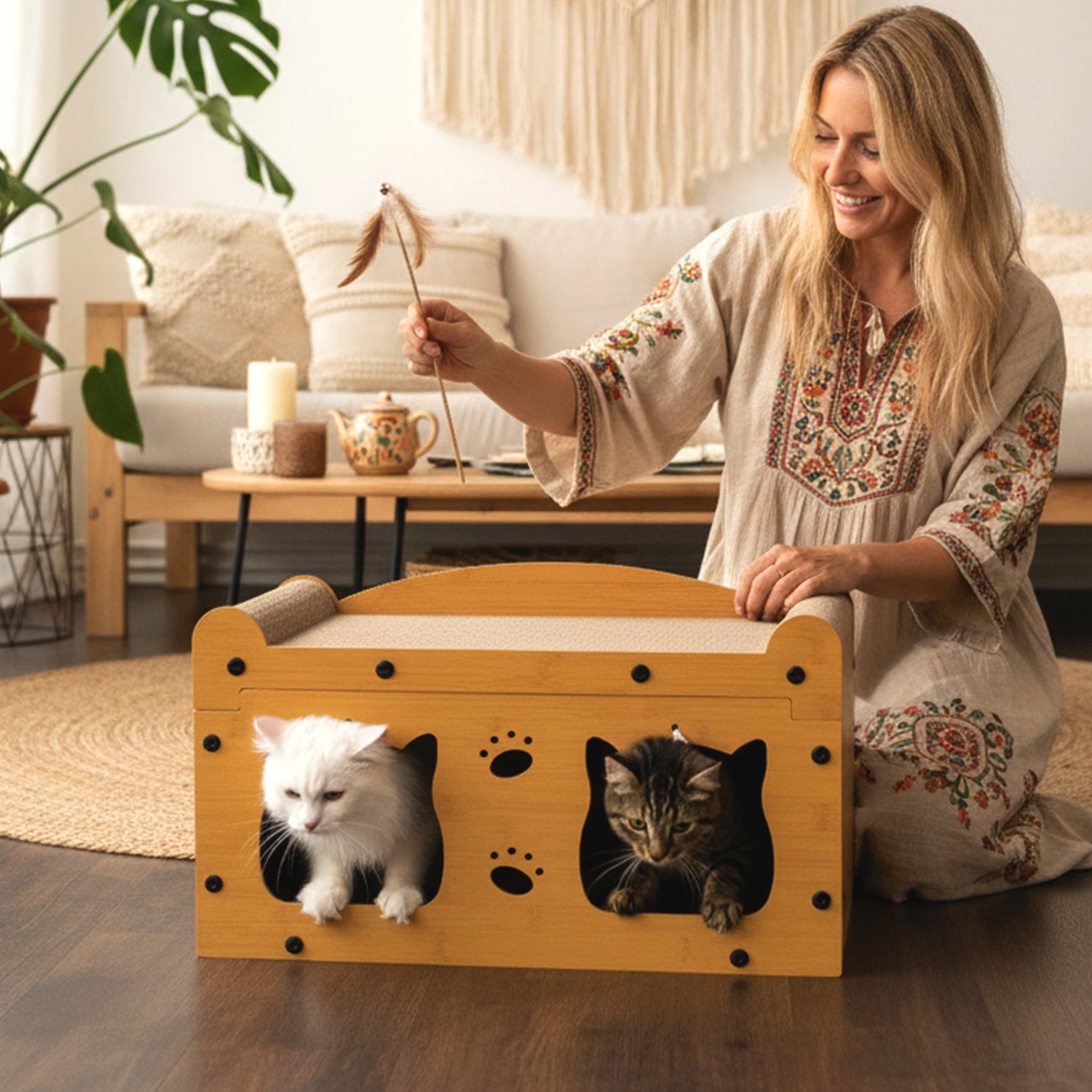 Frau sitzt mit Katze neben dem Roxlin Katzen-Kratzmöbel TV-Modell aus Karton im Wohnzimmer