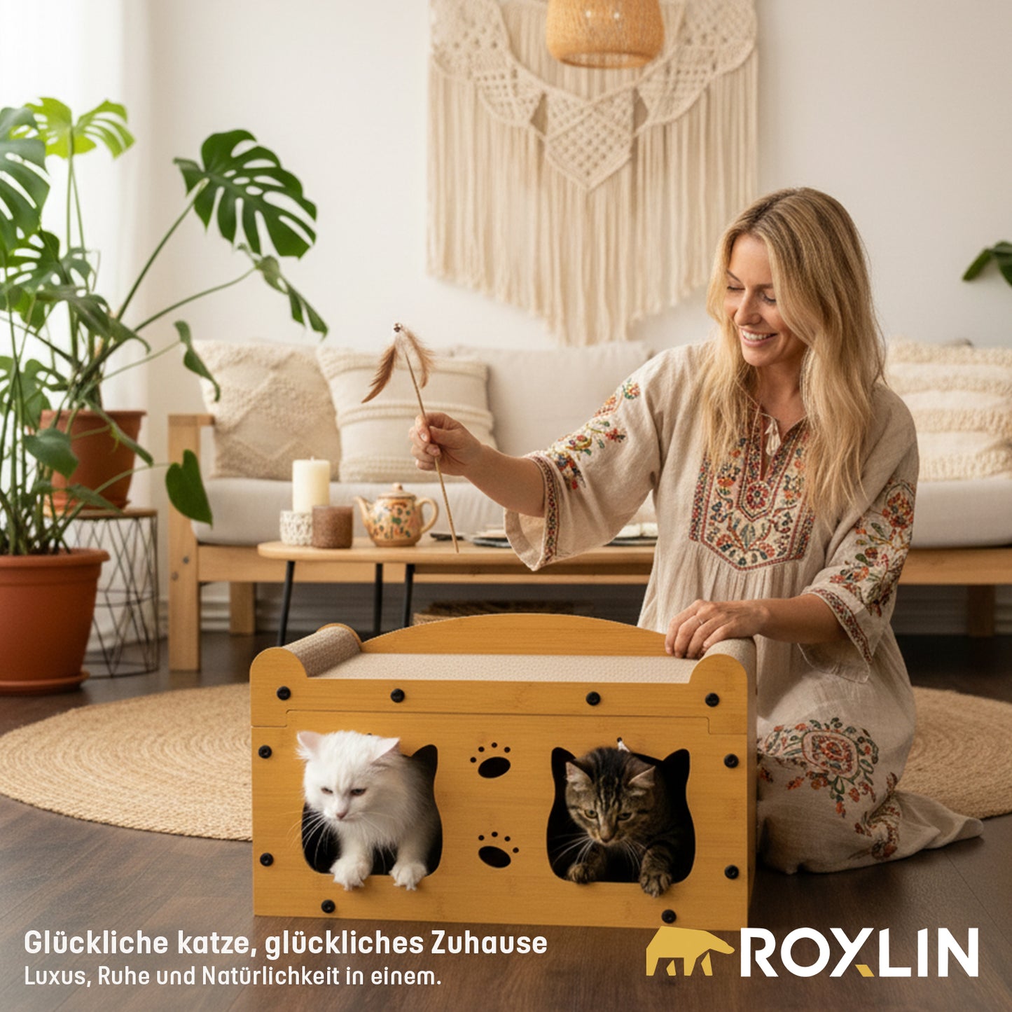Frau spielt mit Katze am Roxlin Katzen-Kratzmöbel TV-Modell aus Karton