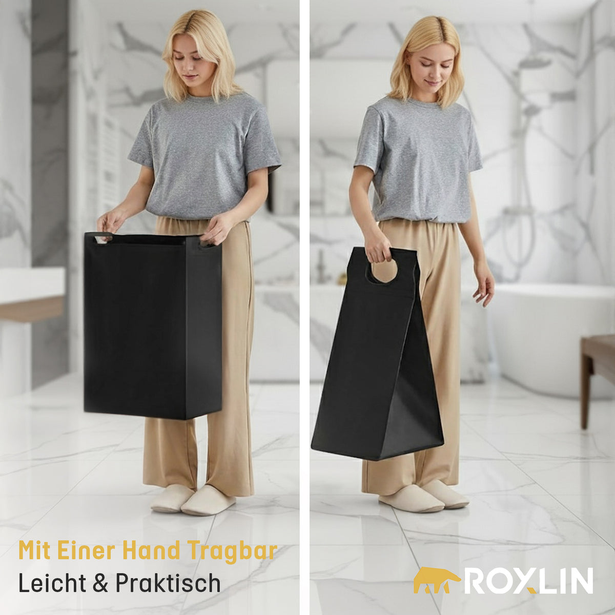 Frau stellt den Roxlin Wäschekorb mit Regal im Badezimmer auf – platzsparend und praktisch