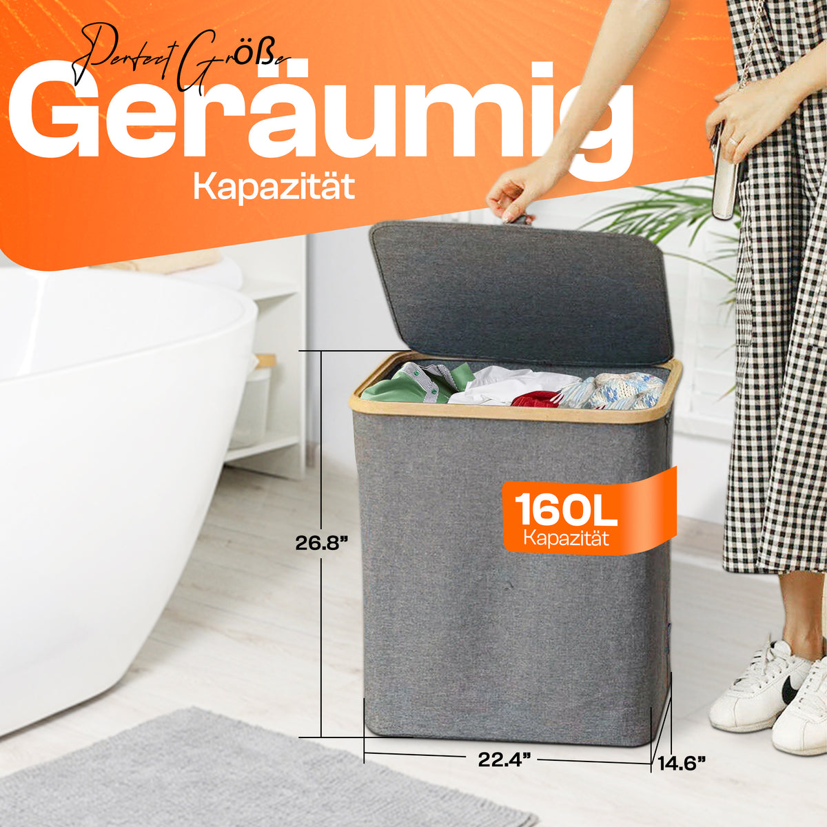 Geräumiger Roxlin Wäschekorb mit 160L Kapazität und drei Fächern