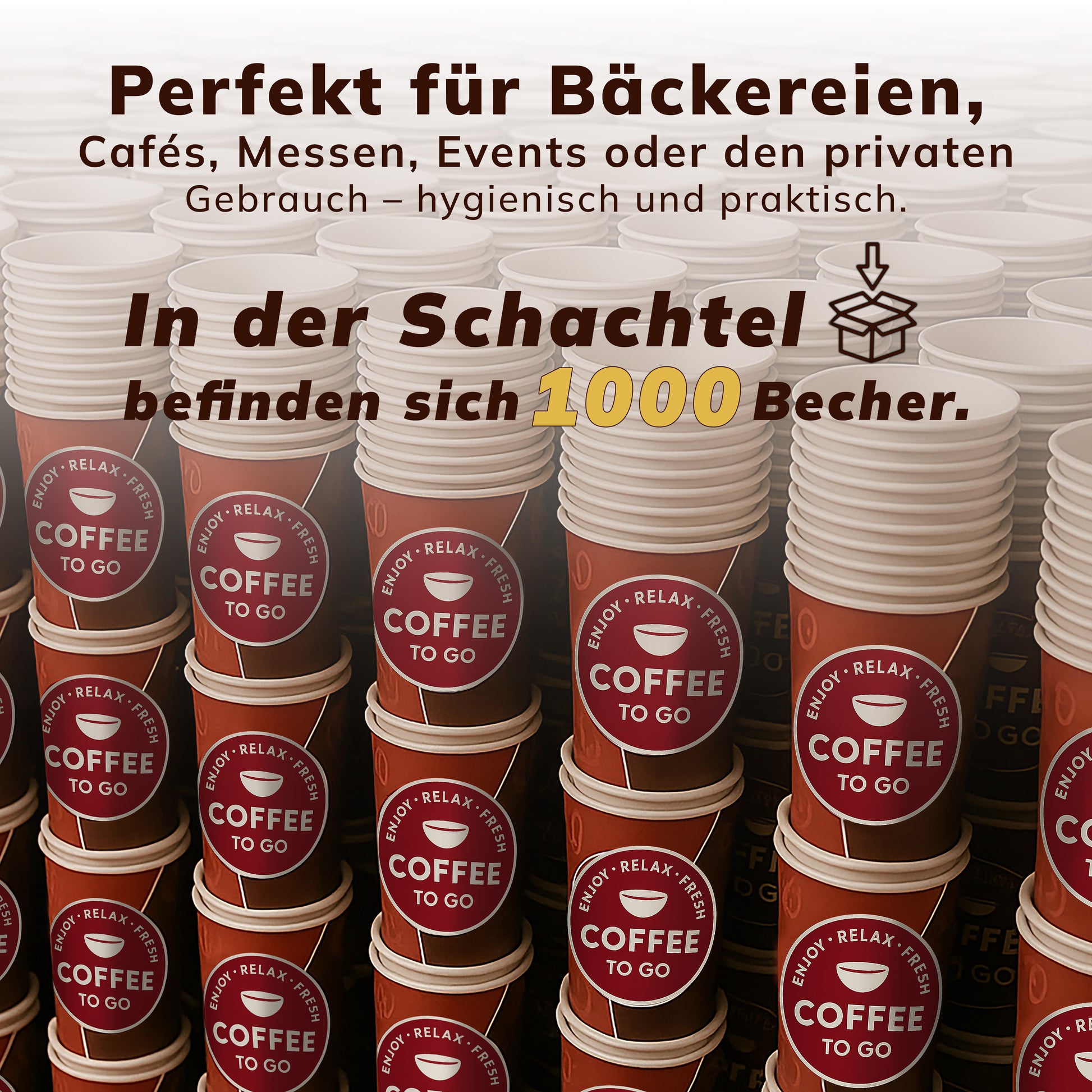 Gestapelte Roxlin Kaffee-to-go-Becher in der Schachtel – perfekt für Bäckereien, Cafés und Events