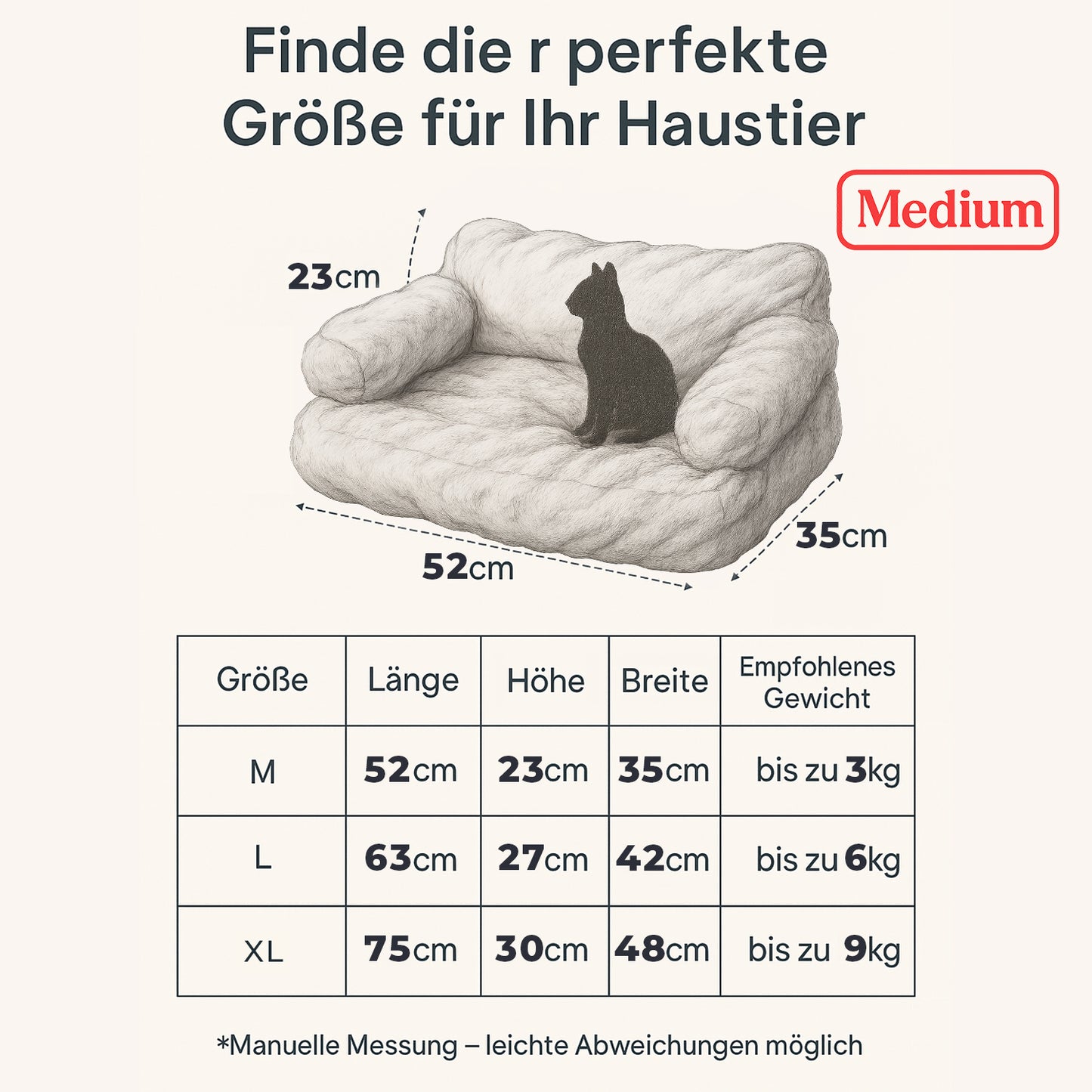 Größentabelle des Roxlin Katzenbetts und Hundesofas – finde die perfekte Größe