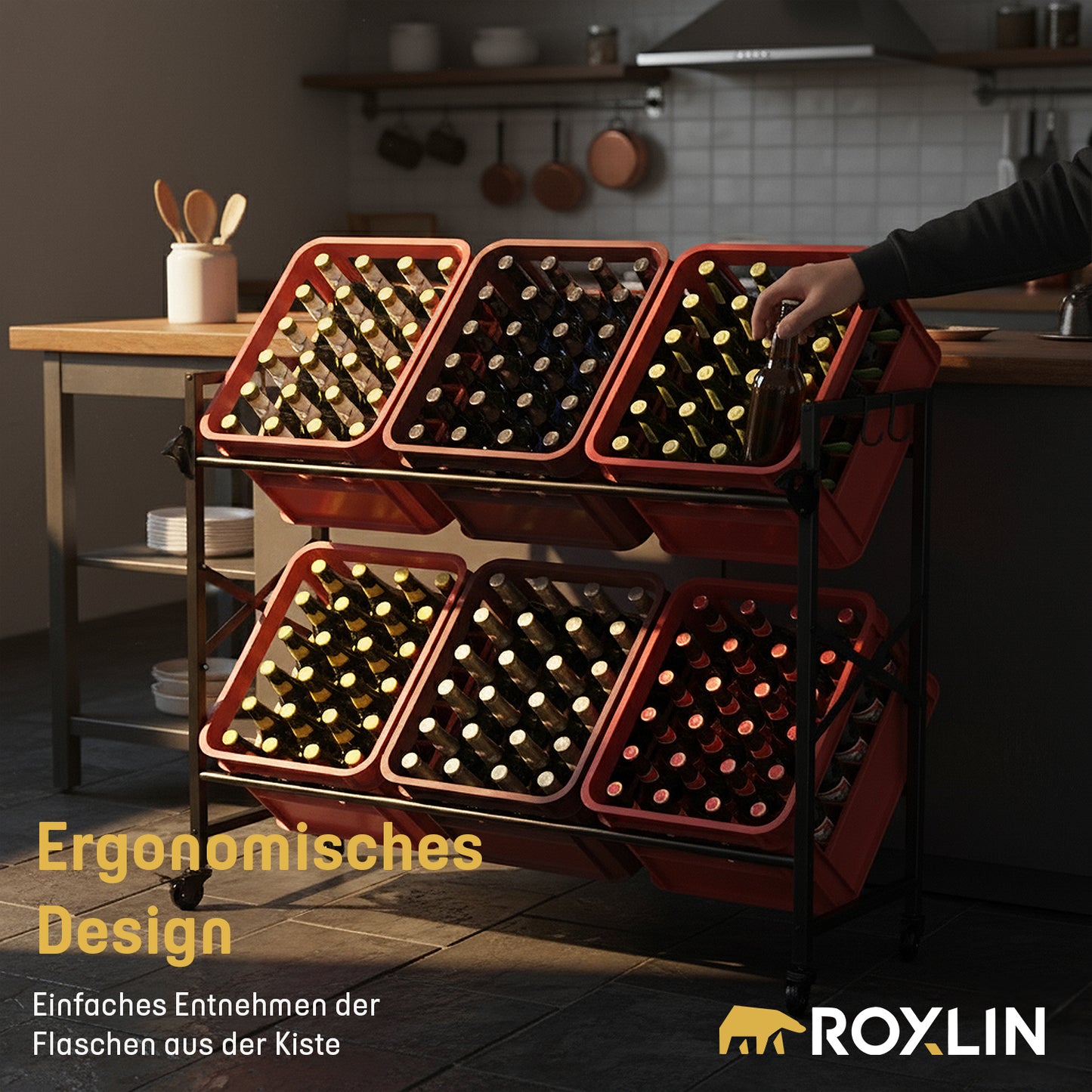 Großes Roxlin Getränkekistenregal für sechs Kisten auf Rollen in dunkler Küche – ergonomische Flaschenentnahme