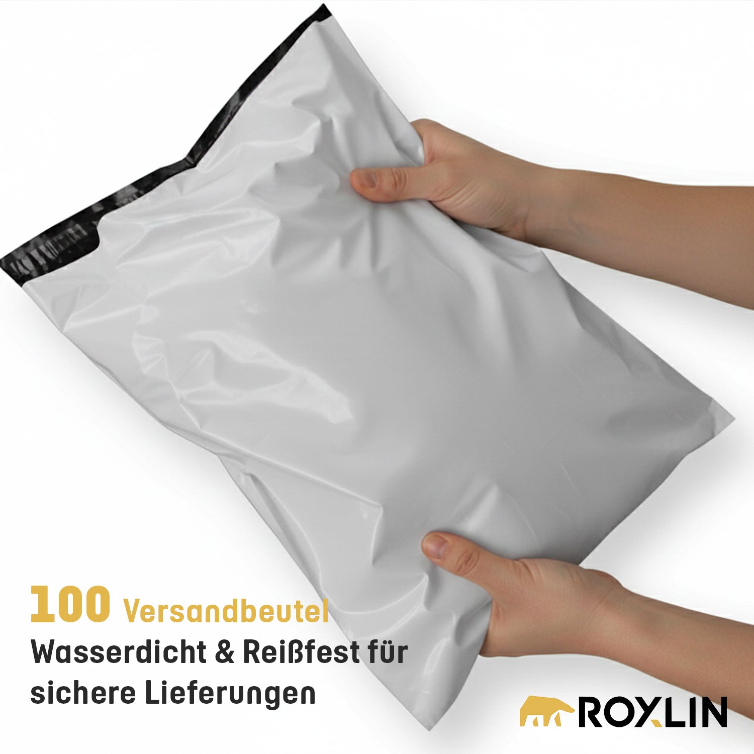 Hände halten einen Roxlin Versandbeutel – wasserdicht und reißfest für sichere Lieferungen