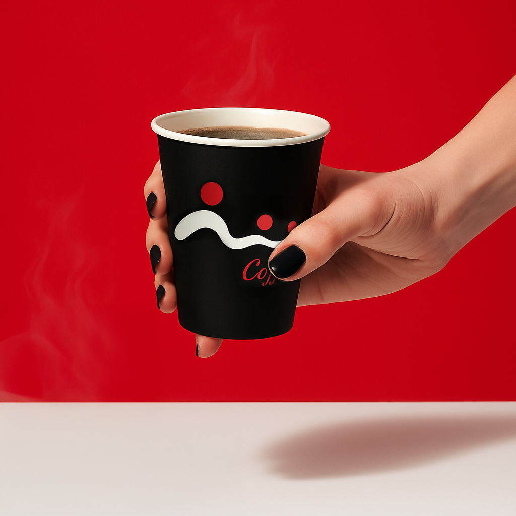 Hand hält schwarzen Roxlin Kaffee-to-go-Becher vor rotem Hintergrund