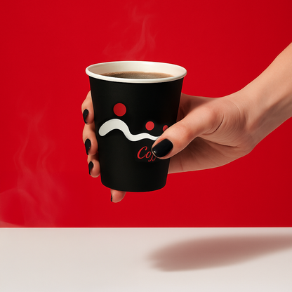 Hand hält schwarzen Roxlin Kaffee-to-go-Becher vor rotem Hintergrund