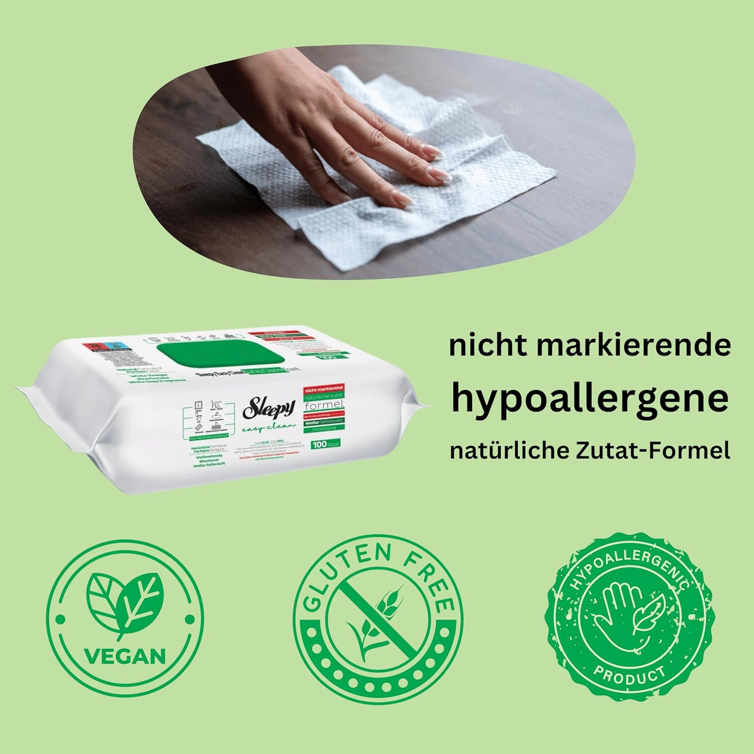 Hand mit Sleepy Tuch – nicht markierende, hypoallergene Formel mit natürlicher Essenz