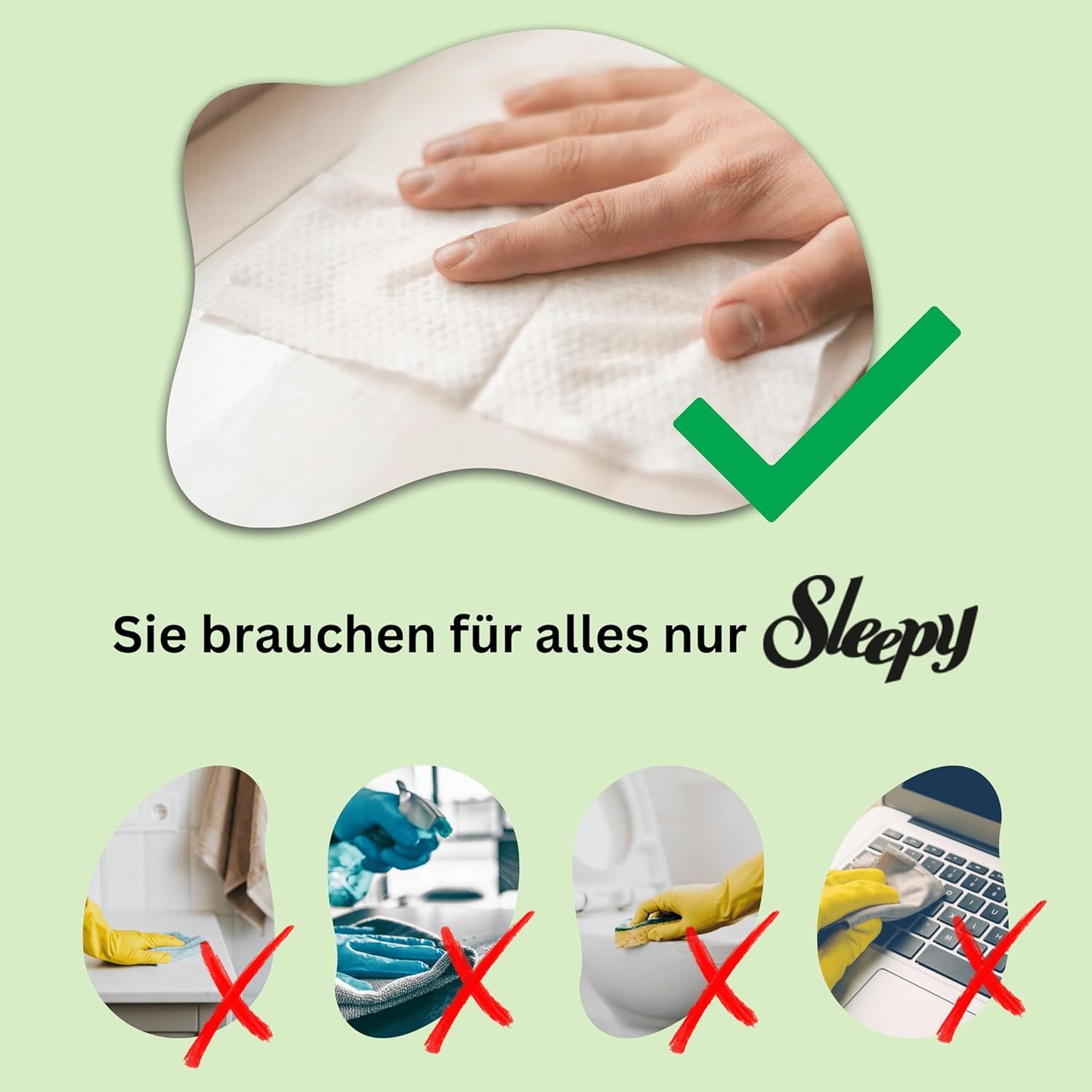 Hand reinigt Oberfläche mit Sleepy Tuch – ein Produkt ersetzt viele Reiniger