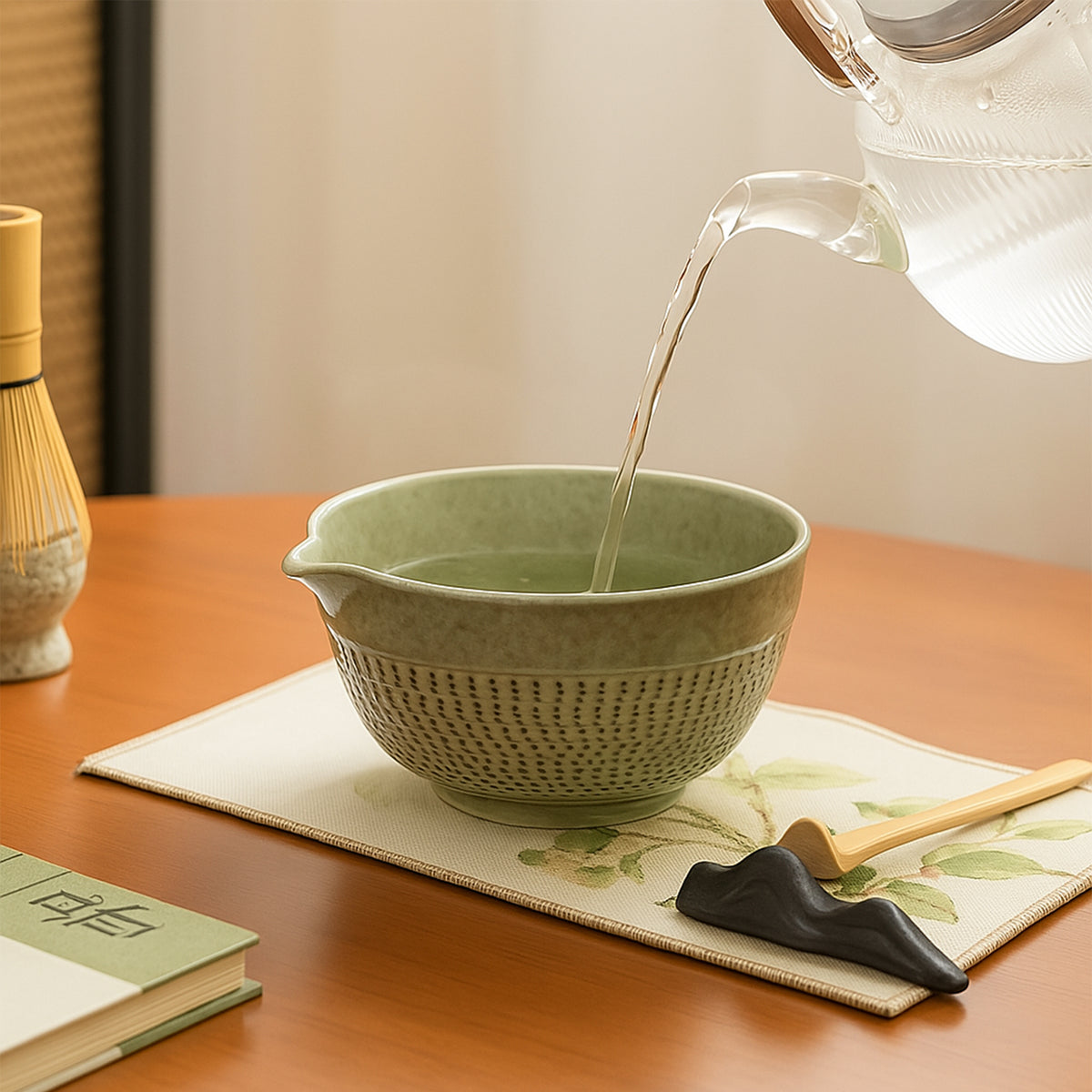 Heißes Wasser wird in die grüne Roxlin Matcha-Schale gegossen – Schritt der Teezubereitung